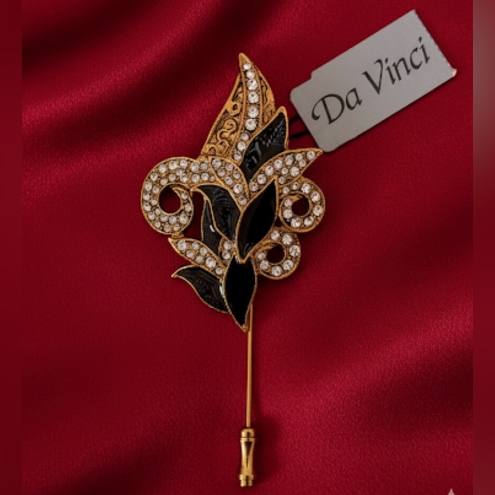 Da Vinci Vintage Rhinestone Black Enamel Hat Pin Brooch